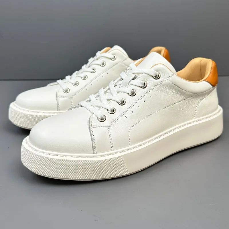 Designer Spring Summer White Men's Shoes Genuine Leather Casual British Style Low Top Handmade Sport Leather Shoes Male Flats
