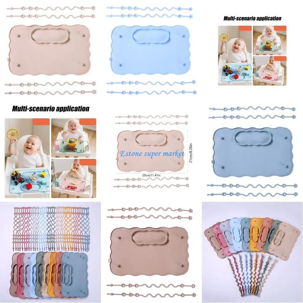 

090B Feeding Plate with Strap Dinner Placemat Infant Reusable Placemats Anti Slip Mat Silicone Tablemats for Toddlers