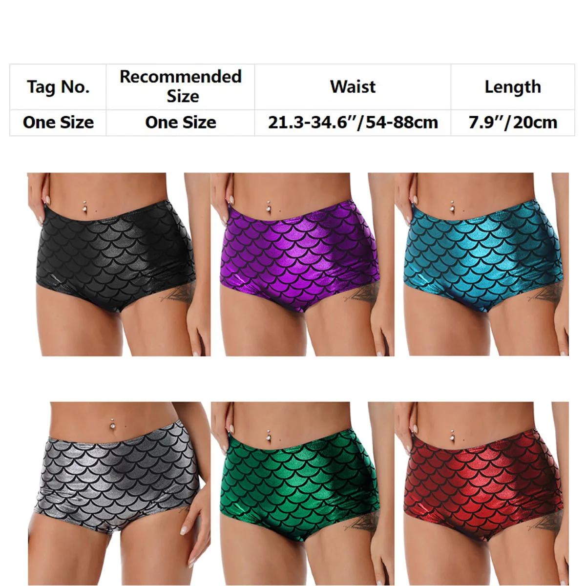 Womens Mermaid Pole Dancing Party Clubwear Outfits Metallic Shiny Fish Scale Print Crop Tops+Booty Dance Shorts Fitness Swimwear