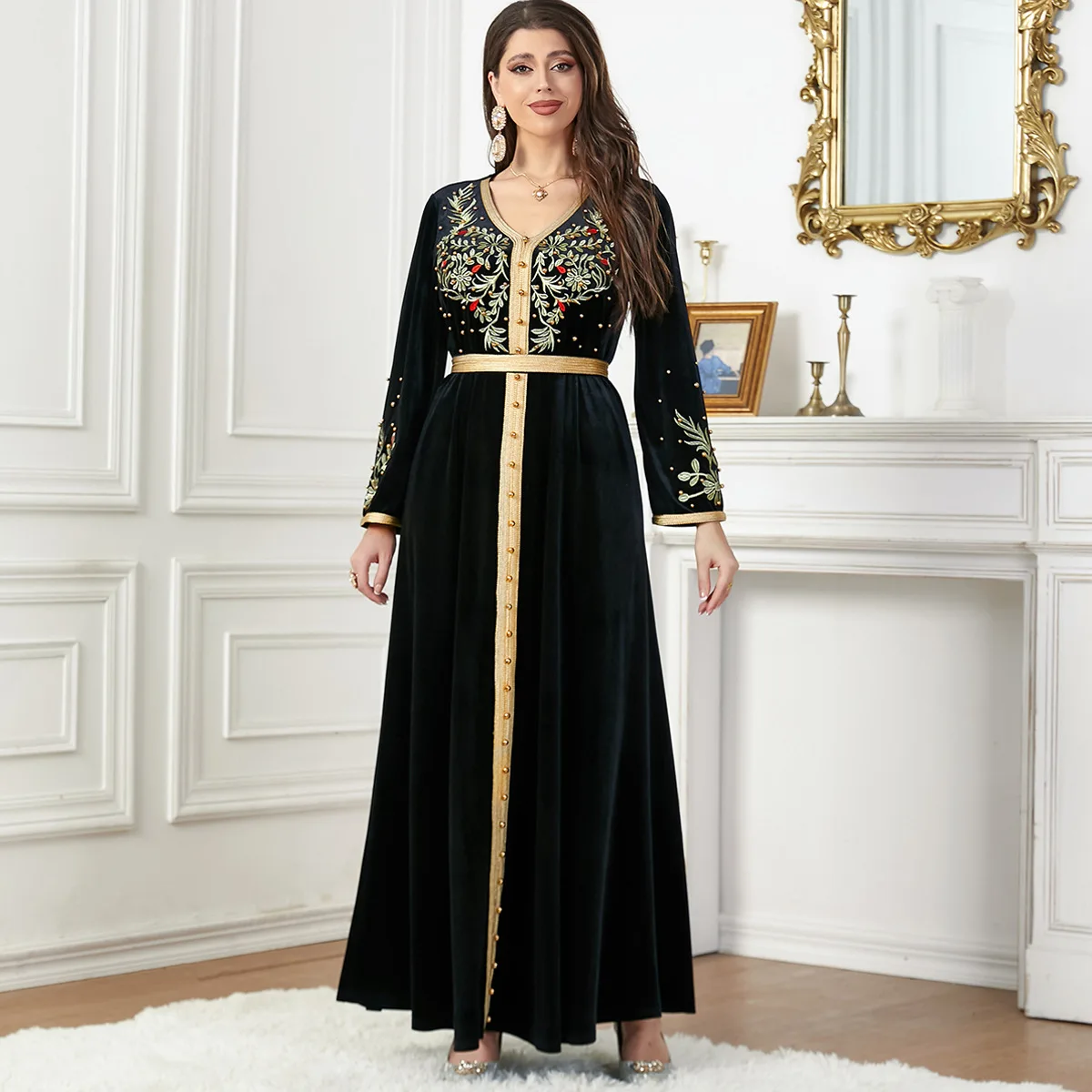 Autumn Kaftan Arabic Long Dress for Women Golden Embroidered Winter Muslim Evening Dresses Moroccan Caftan Dubai Turkish Abaya