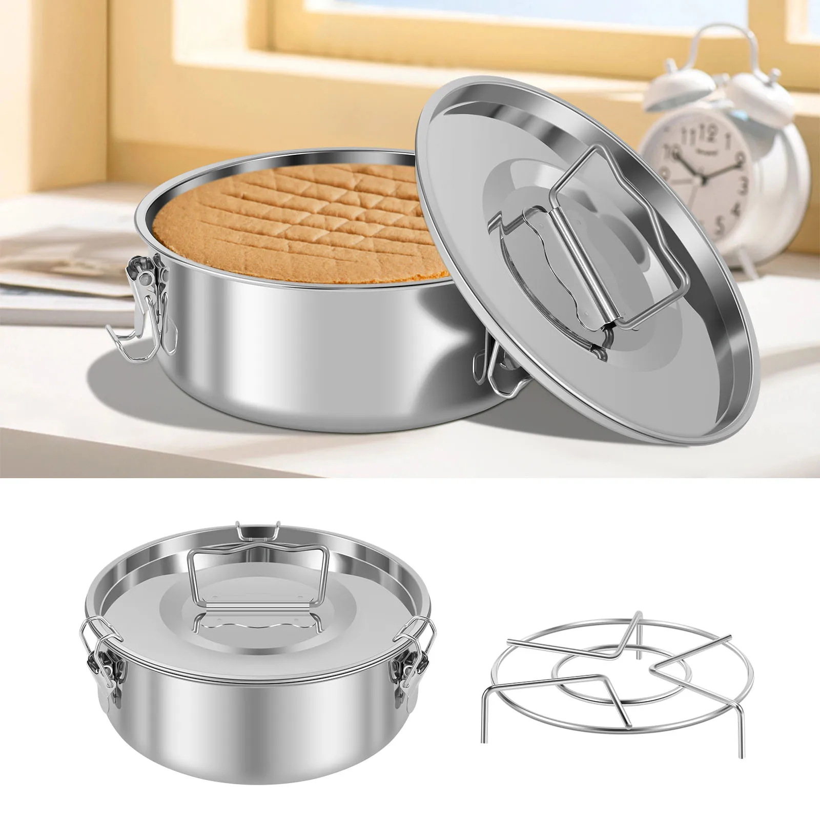 Flan Pan with Lid and Handle Stainless Steel Flan Pan Mold with 3 Locks Round Flan Maker Multifunctional Flan Pan Mold Flan