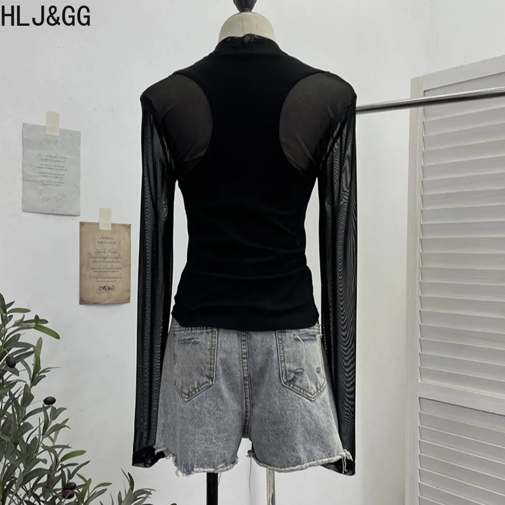 HLJ & GG-Camiseta Punk gótica Sexy de malla con diamantes de imitación para mujer, camiseta de manga larga de Color sólido, ropa de calle femenina