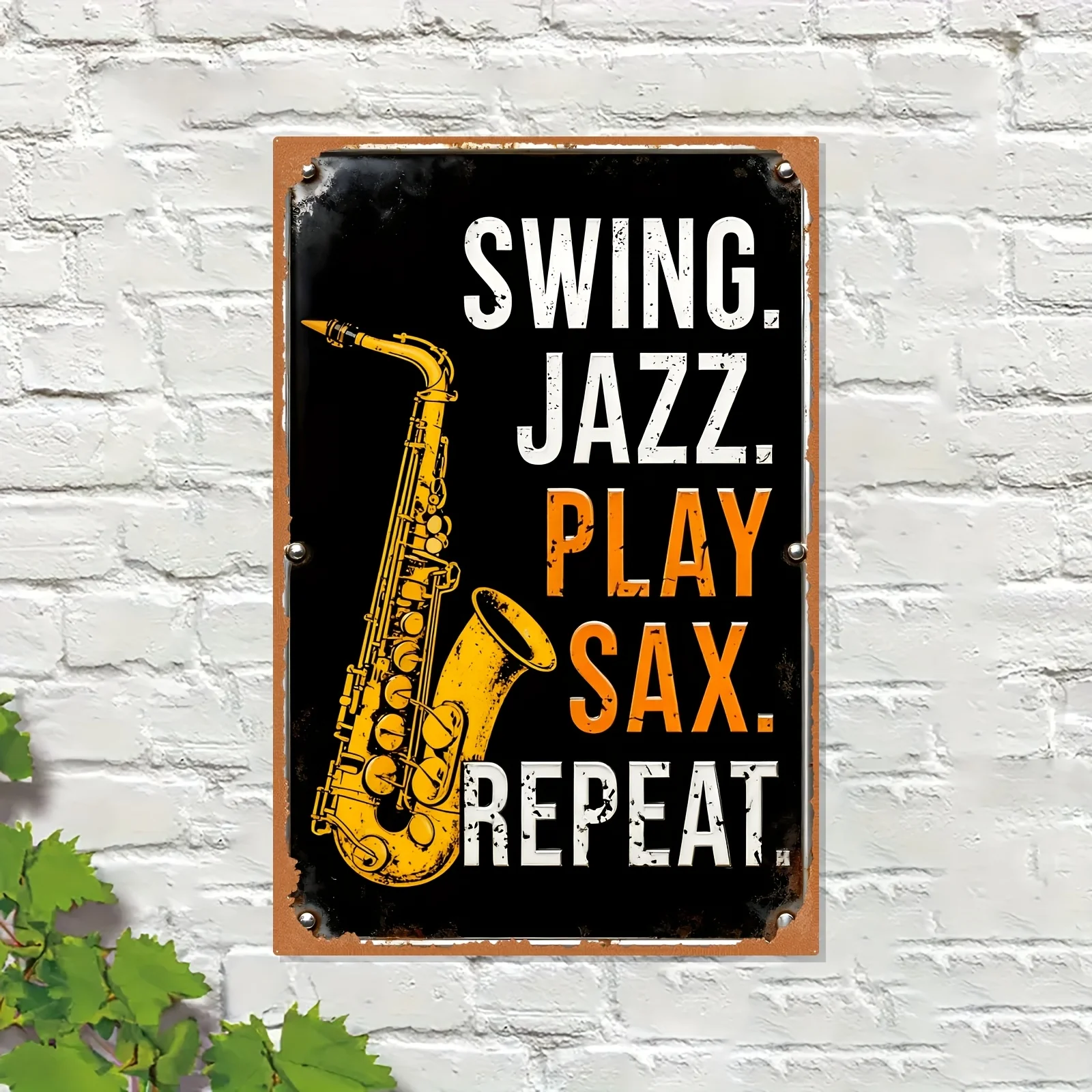 Letrero artístico de pared de metal plano y vintage 2D: diseño de saxofón retro "Swing Jazz Play", 20,32x30,48 cm, ideal para el hogar, bar,