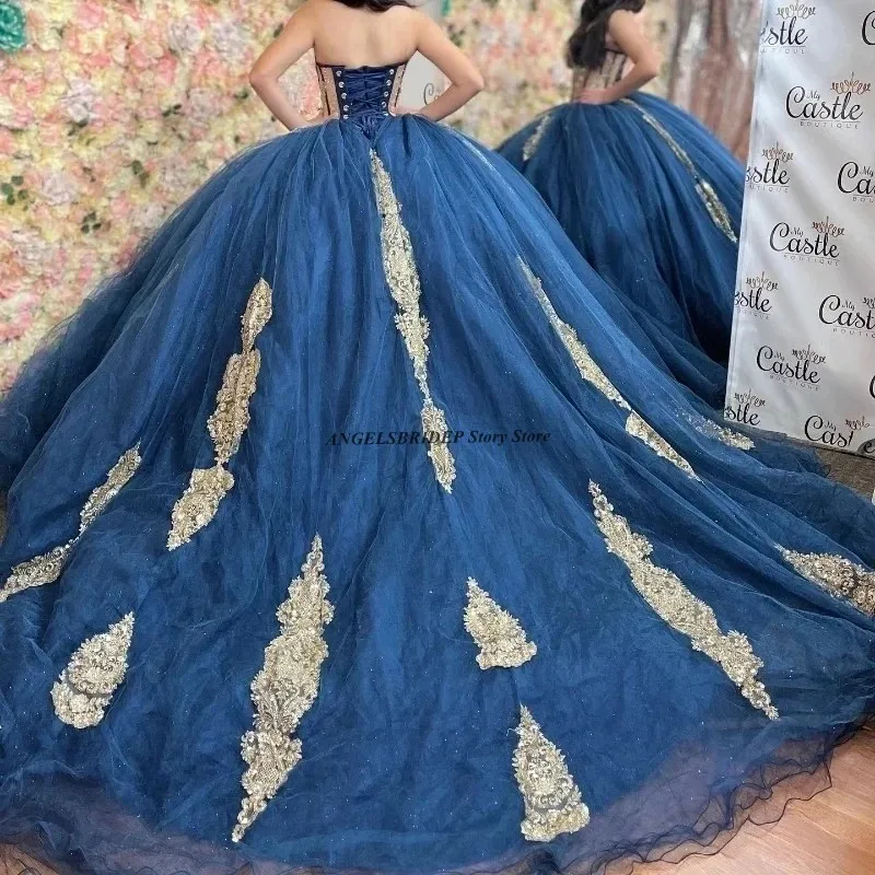 Angels bridep heiße Marineblau Quince anera Kleider Gold Spitze Applikationen Vestidos de 15 Anos Prinzessin Aschenputtel Geburtstags feier billig