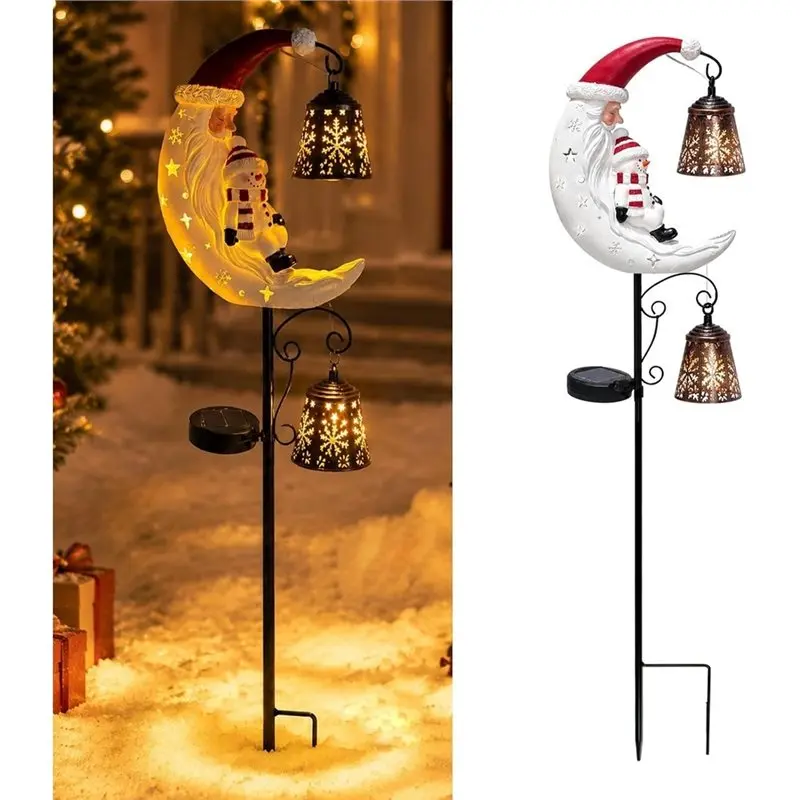 AWAH Waterproof Christmas Santa& Snowman Moon Snowmanmoon Solar Garden Stake Light LED Half Moon Pathway Light For Outdoor Garde
