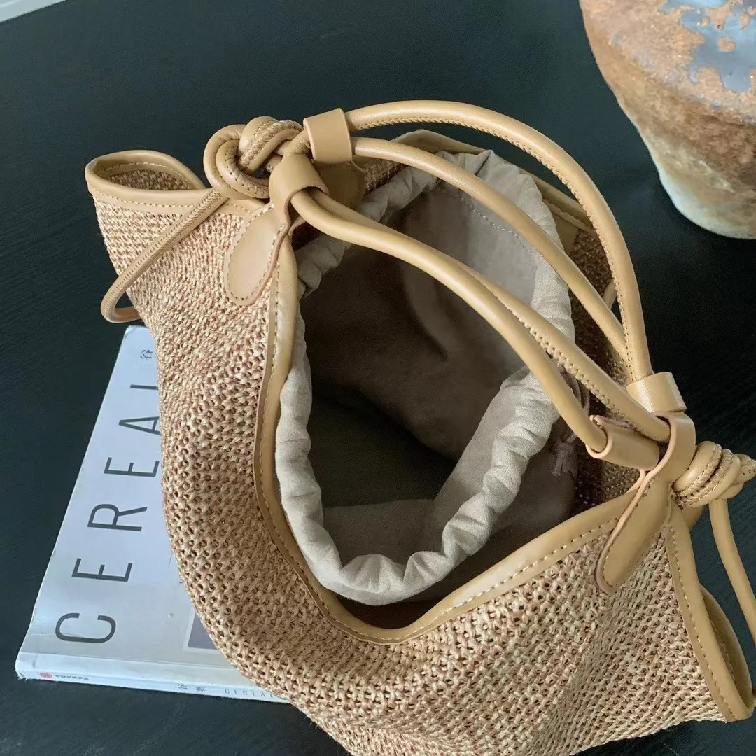 Bolsa de balde de palha para mulheres, bolsa de ombro tecida casual para praia de verão bolsa tiracolo pequena bolsa de viagem, moda