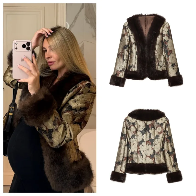 Guobioziy Women Vintage Floral Jacquard Faux Fur Trim Cropped Coat V Neck Single Button Long Furry Cuff Winter Warm Party Jacket