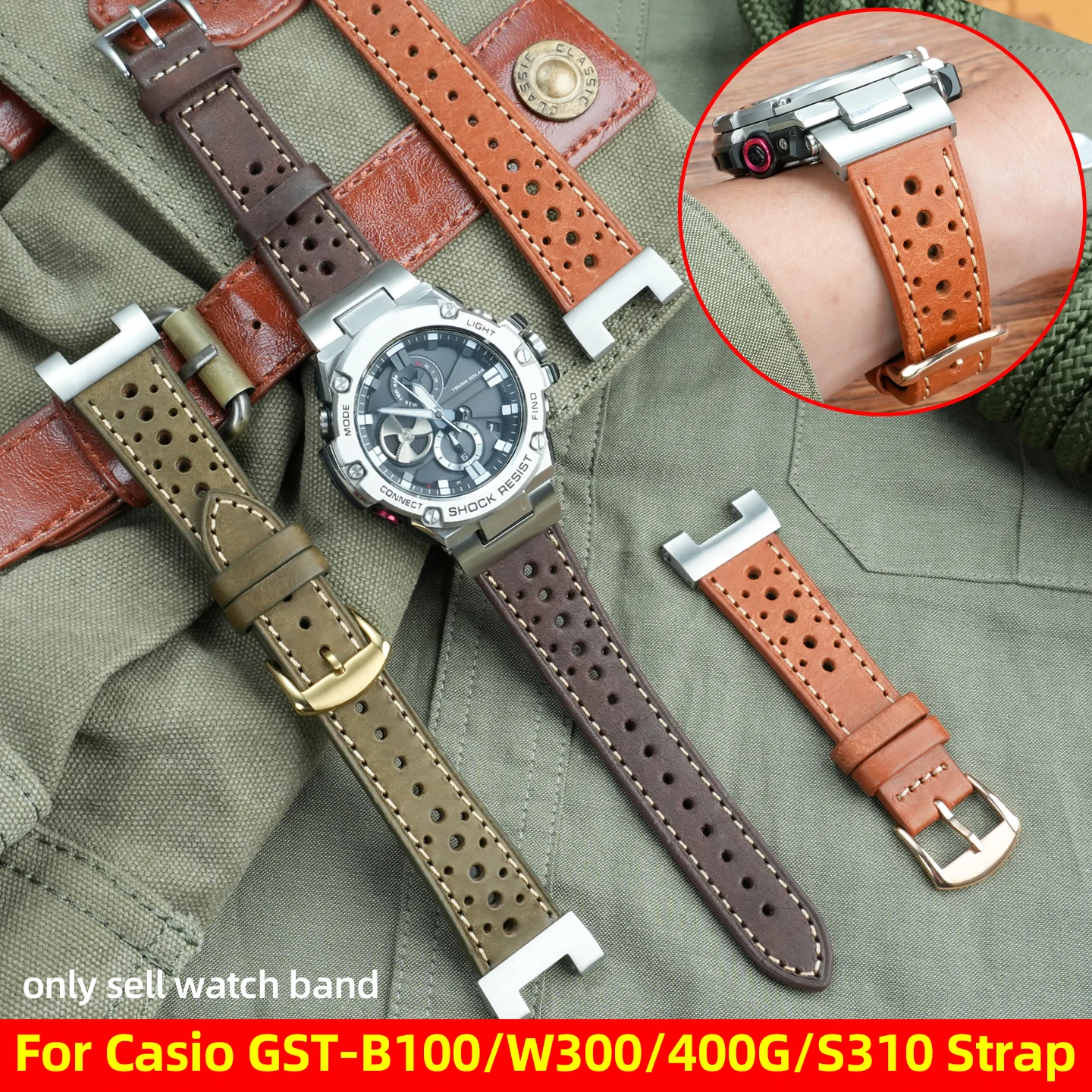 حزام ساعة من الجلد الطبيعي لساعة كاسيو G-SHOCK GST-210/W120L/S130L/S310 GST-B100 W300/400G ملحقات حزام الساعات للرجال #1