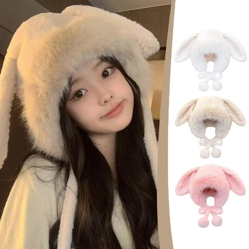 Winter Women Cute Rabbit Plush Beanie Thicken Lambhair Ski Mask Beanie Hat Sweet Girl Ear Protection Hat Korean Lamb Fleece Cap