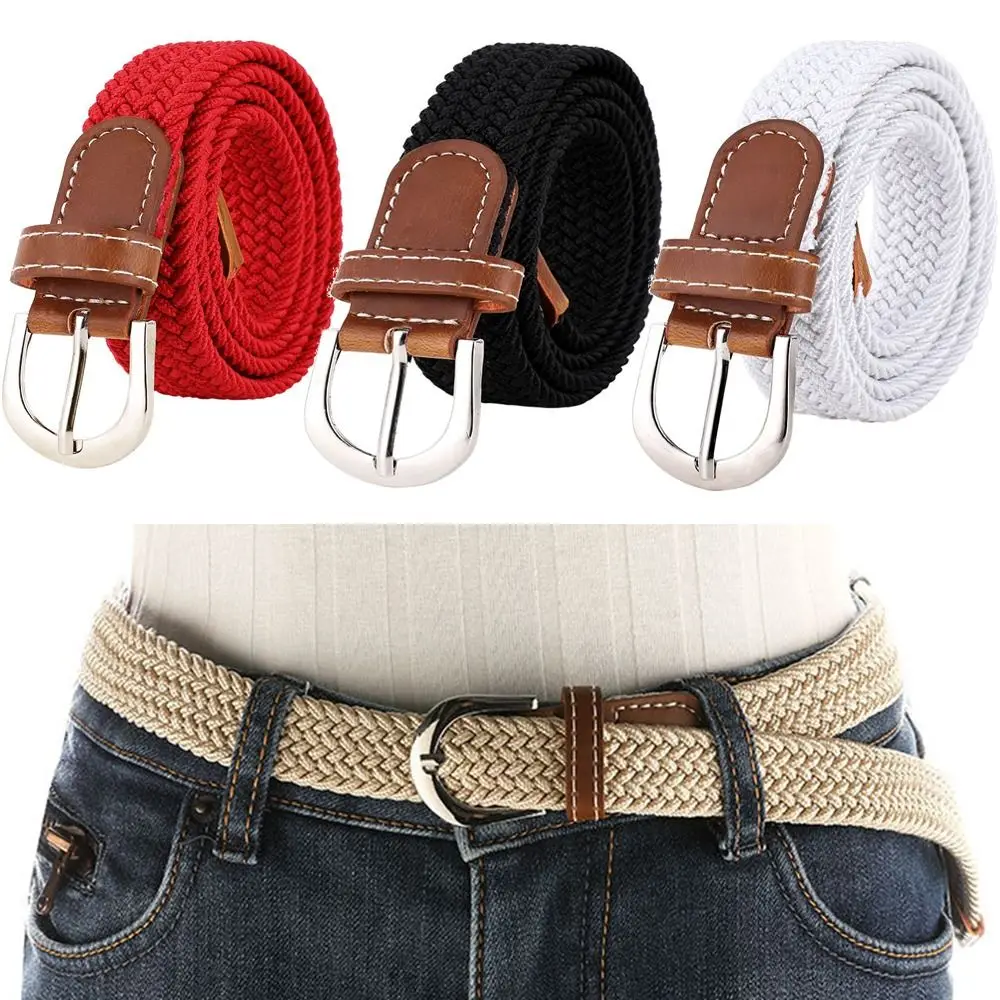 Casual Canvas Woven Belt Knitted Thin Alloy Pin Buckle Elastic Waistband High Quality Punch Free Stretch Waist Belts Pants