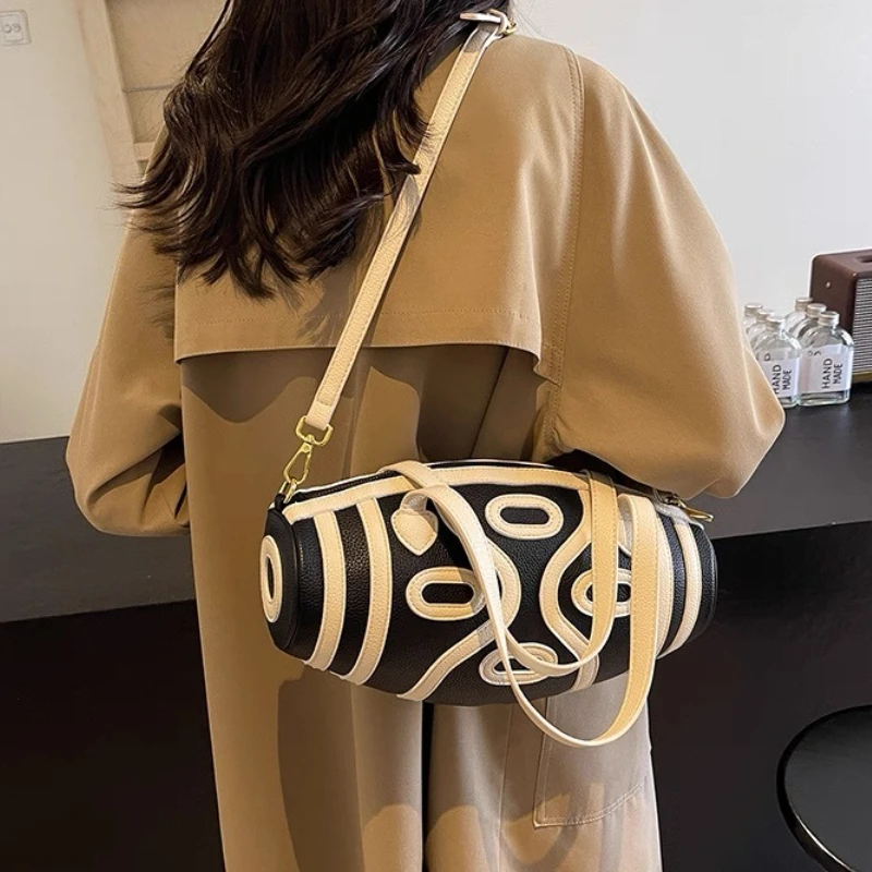 

Модная ручная сумка-ведро, женская полосатая повседневная сумка-цилиндр с цветными блоками, креативный дизайн, сумка на одно плечо