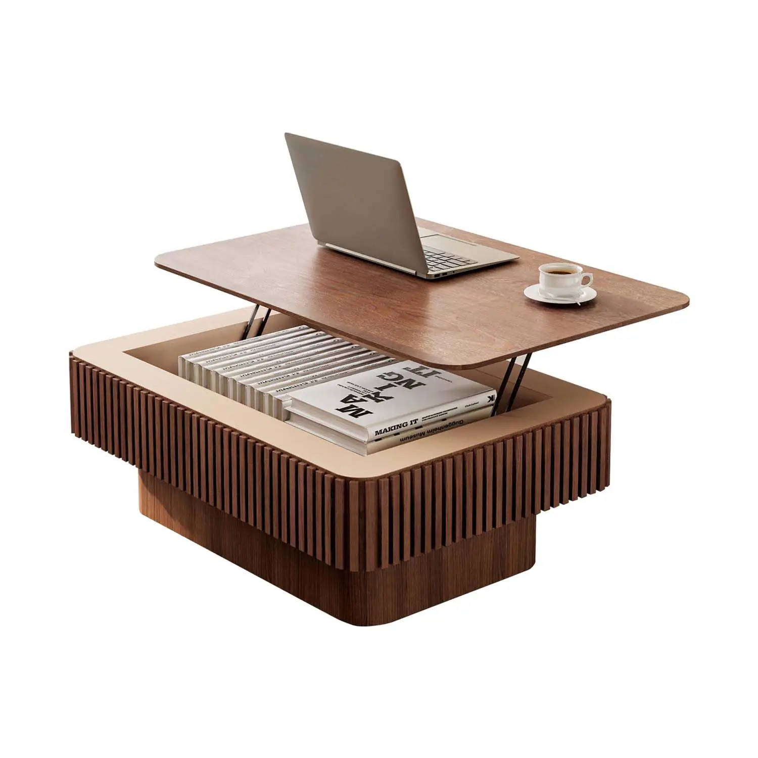 

Lift Coffee with Storage & Adjustable Height, Solid Wood Coffee Fluted Center Accent Tea or Living Room