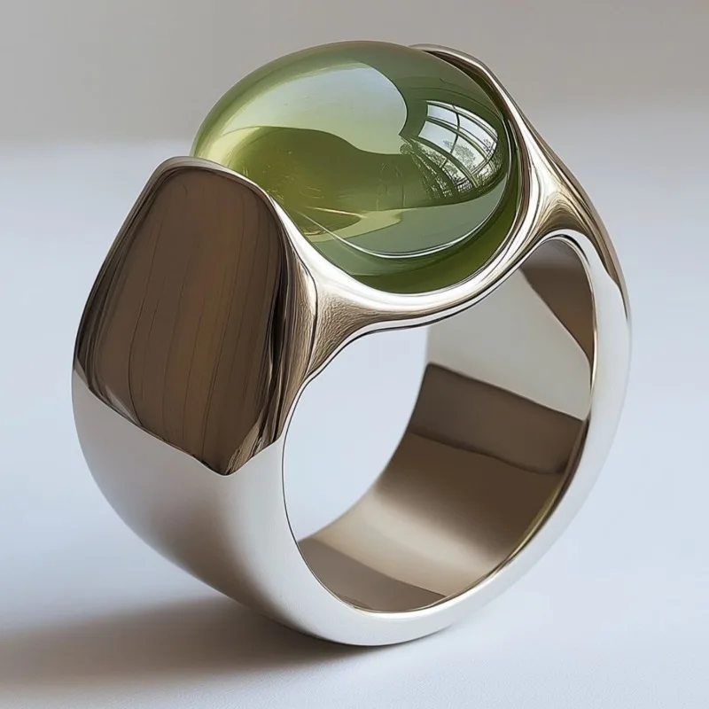 Trendiger Damenring mit eingelegtem grünem Stein, ästhetische geometrische Form in Silberfarbe, für den täglichen Gebrauch, Partyschmuck, Jubiläumsgeschenk