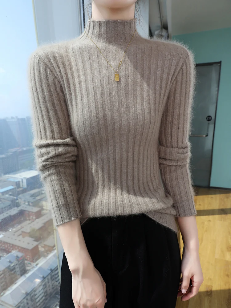 ANGEL Women's Half-high Collar Slim Sweater Pullovers 100% Mink Cashmere Knitwear  Autumn Winter New Striped Clothing Tops﻿