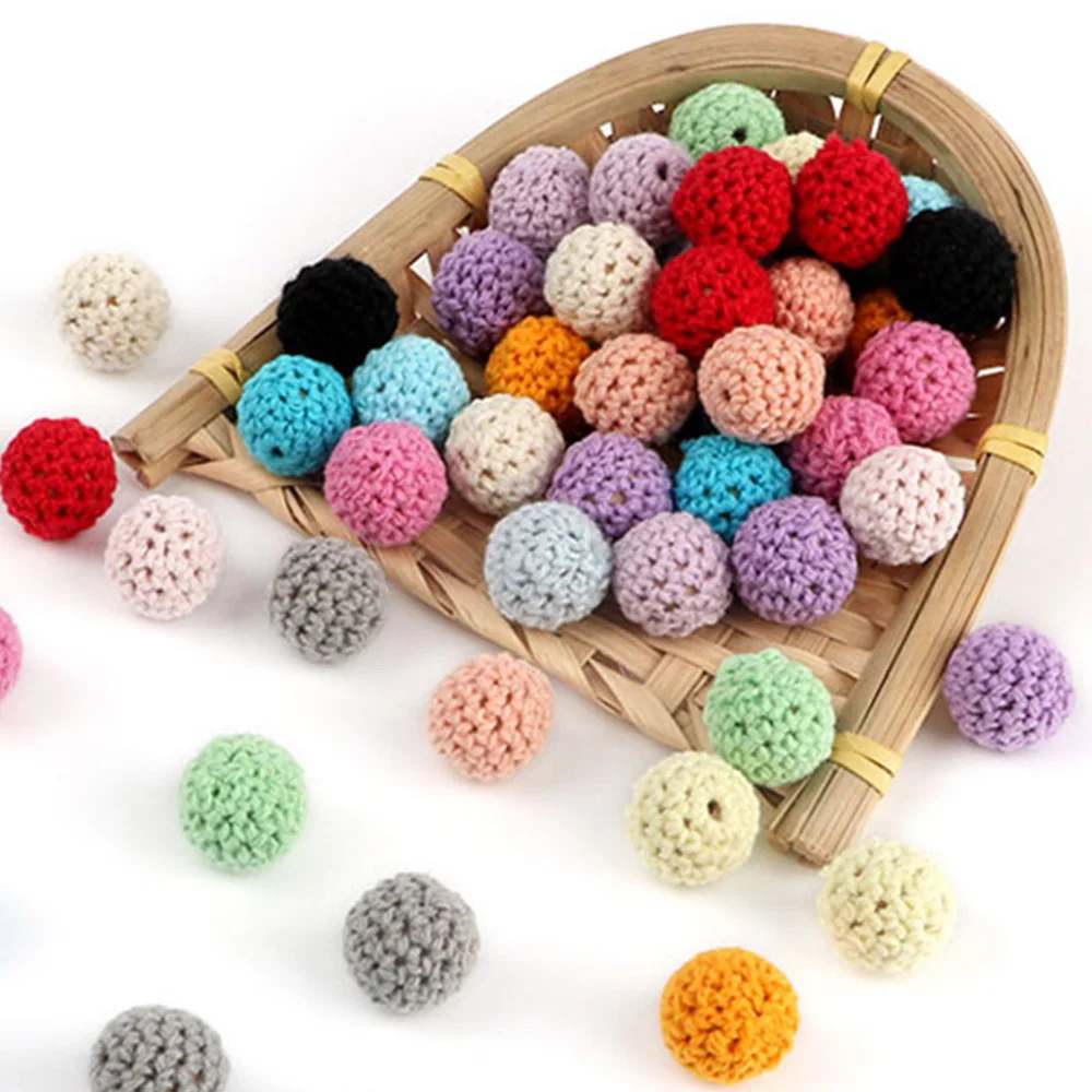 16MM Colorful Crochet Ball Knitting Crochet Round Wooden Bead Handmade Ball DIY Necklace Jewelry Organic Teething Bracelet Beads