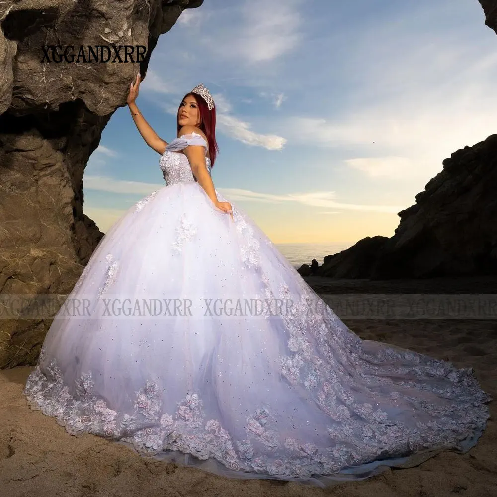 Pale Pink/Blue Quinceanera Dresses 2024 Off Shoulder 3D Flower Sweet 16 Birthday Party Gown Applique Mexican Princess Dress