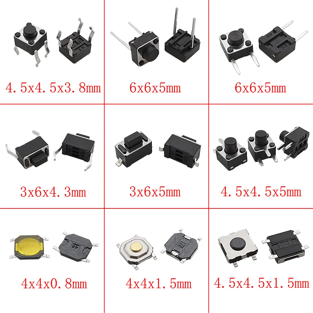 125Pcs/Bag Micro Switch Push Button 25 Types Assorted Tact Touch Switches SMD DIP Reset Mini Leaf Switch 2*4 3*6 4*4 6*6 12*12