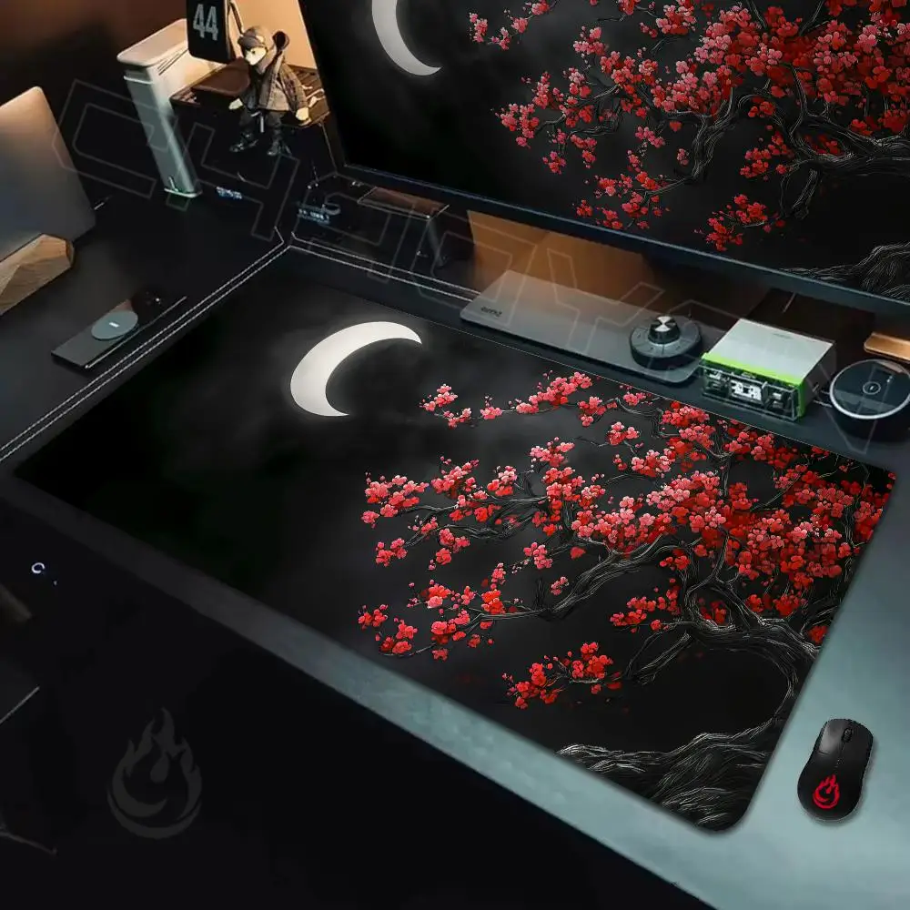 Red plum blossom and crescent moon Mouse Pad Desk Mat Non-Slip Durable office mouse mat gaming mats Stitched Edge HD printing