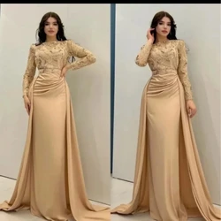 Giyu Luxury Beads Mermaid Evening Dresses With Detachable Train O-Neck Long Sleeves Prom Gowns Dubai Arabic Formal Occasion