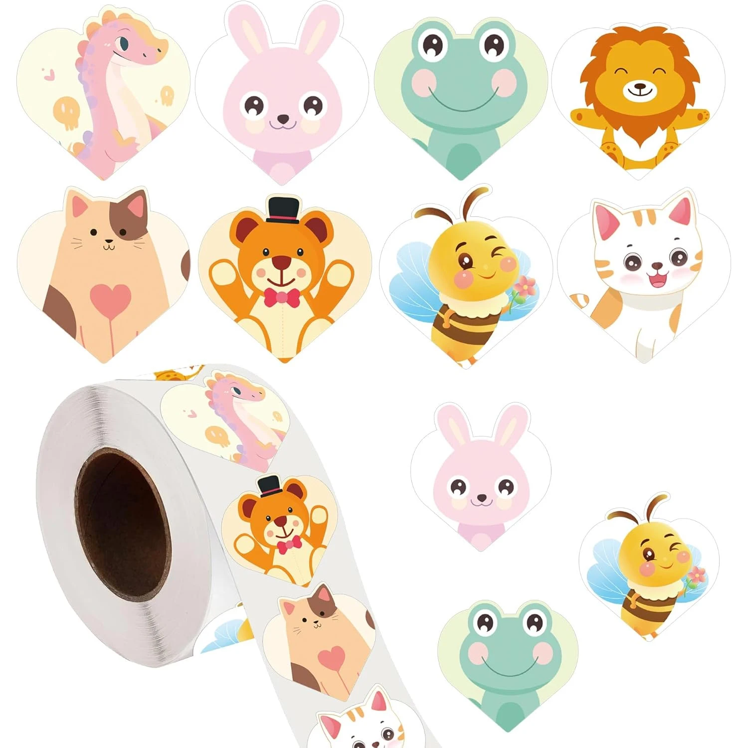 Heart Shaped Animal Sticker Happy Valentine's Day LabelsValentine Roll Stickers for Kids Heart Sealing Labels for Valentines Day