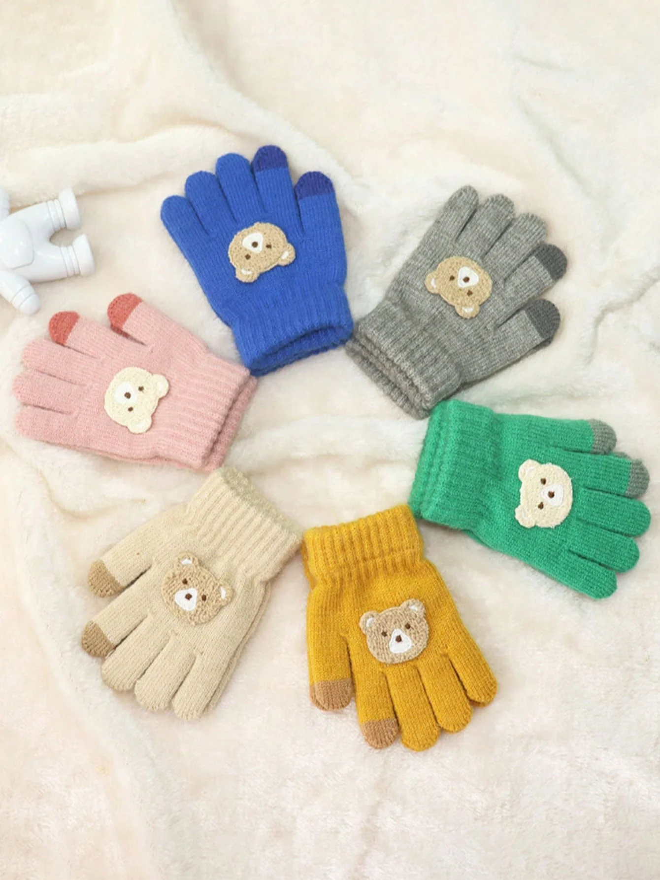 Kinderhandschuhe: Winterhandschuhe für Jungen und Mädchen mit Cartoon-Bär-Motiv, warme Baby-Fünffinger-Handschuhe aus Wollstrick