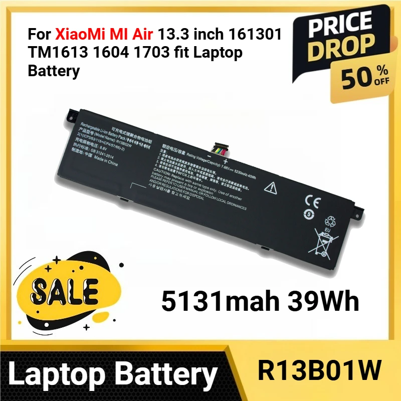 

R13B01W 5131mah 39Wh For XiaoMi MI Air 13.3 inch 161301 TM1613 1604 1703 fit Laptop Battery