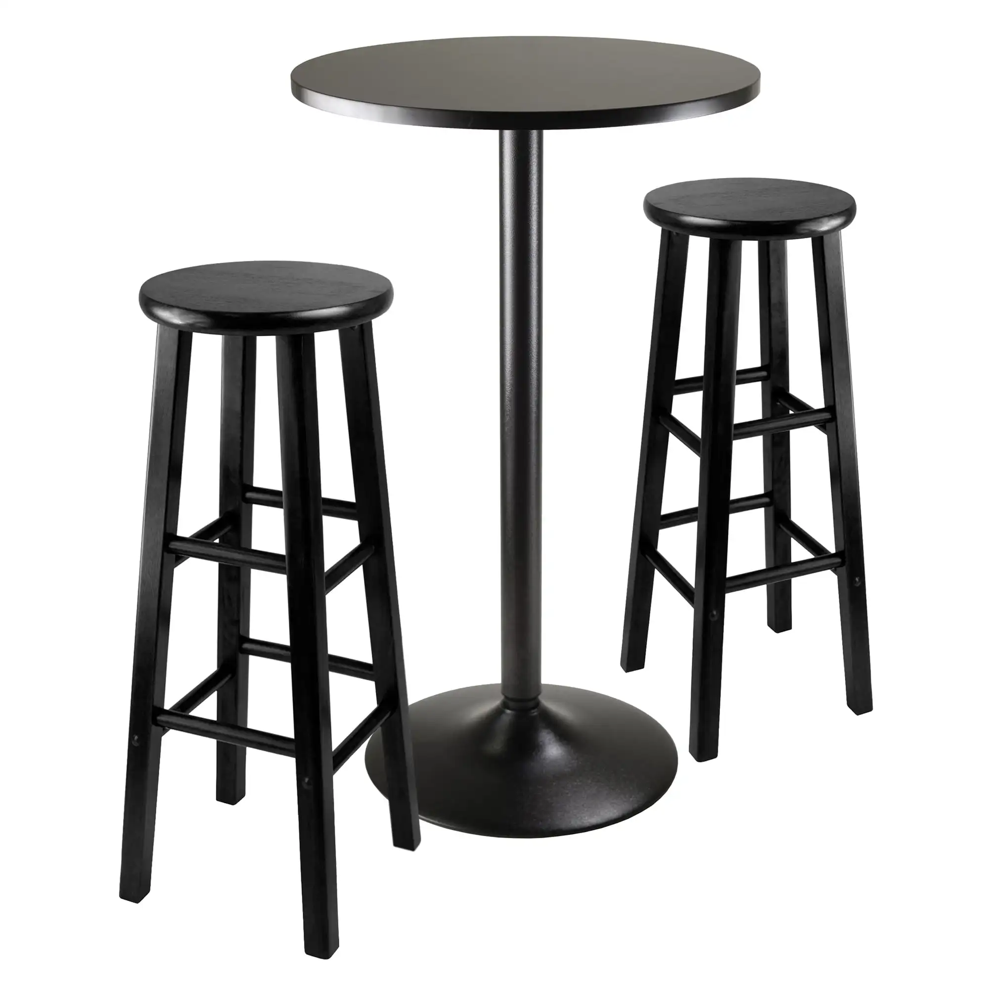 Wood 3-Pc Pub Table Set, Round Table & 2 Round Seat Bar Stools Set, Black