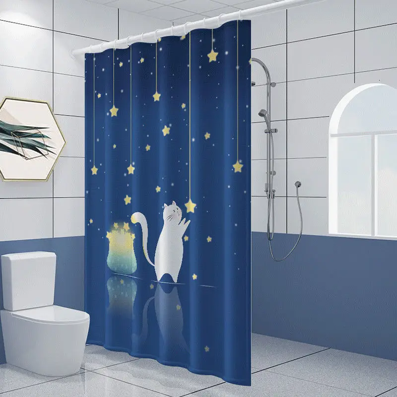 Cute Cat Picking Stars Shower Curtain Dreamy Mystey Fun Starry Night Bathroom Curtain Blue Texture Thickened Bath Sets with Hook