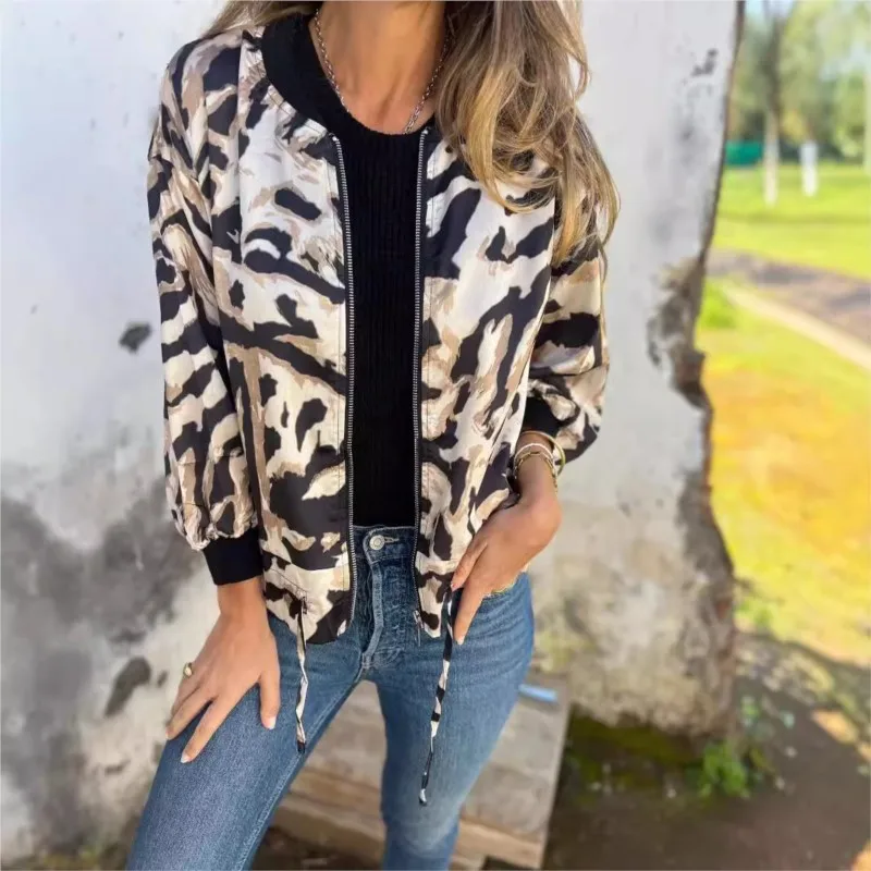 Fashion Leopard Print Casual Jackets Women Classic Chic Long Sleeve Draw Rope Zip Leisure Coats Spring Autumn New Female Clothes