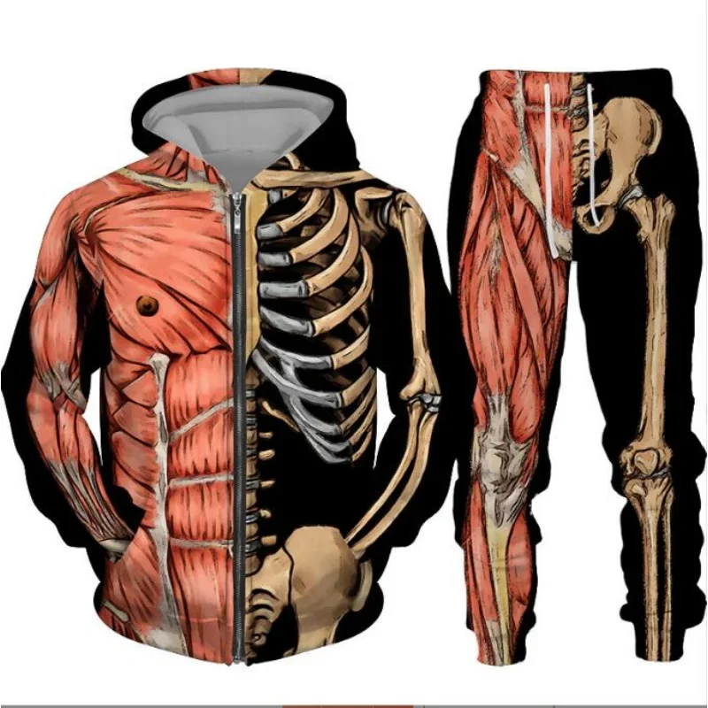 Skull Skeleton 3D พิมพ์ผู้ชาย Hoodies Casual Hallowmas ซิป + Sweatpants กีฬา 2 ชิ้นชุดแขนยาวเสื้อผ้า