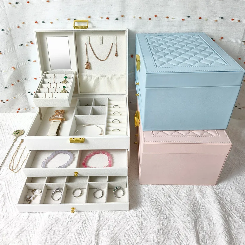 

Leather Jewelry Box Mirror Earrings Storage Boxes Large Luxury Ring Bracelet Display Case Jewellery Organizer Birthday Gifts