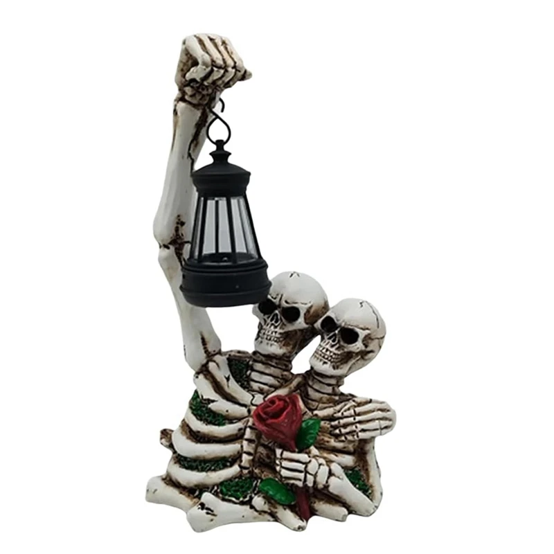 

Outdoor Skeleton Decor With Solar Lantern,Realistic Skull Skeleton Statue Halloween Figurines Decorations-For Halloween