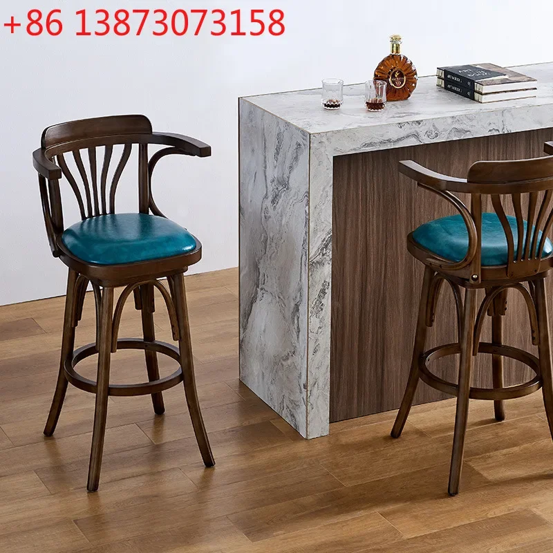 

American solid wood bar chair, retro rotatable bar music dining bar high stool armrest walnut