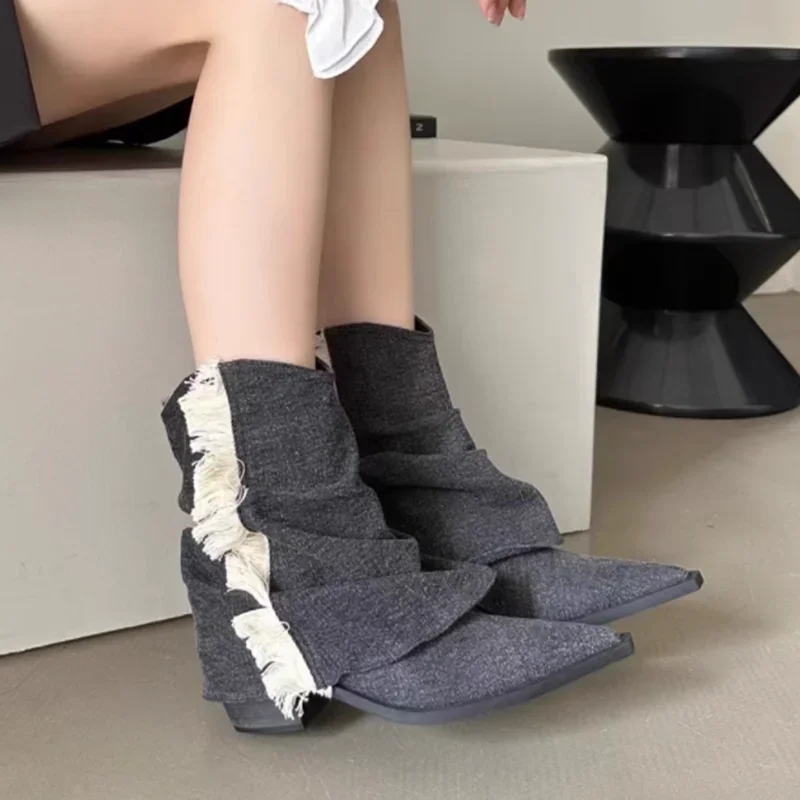 Pleated Denim Cowgirl Boots for Women 2023 Autumn Pointed Toe High Heeled Ankle Boots Woman Tassel Blue Jeans Cowboy Booties