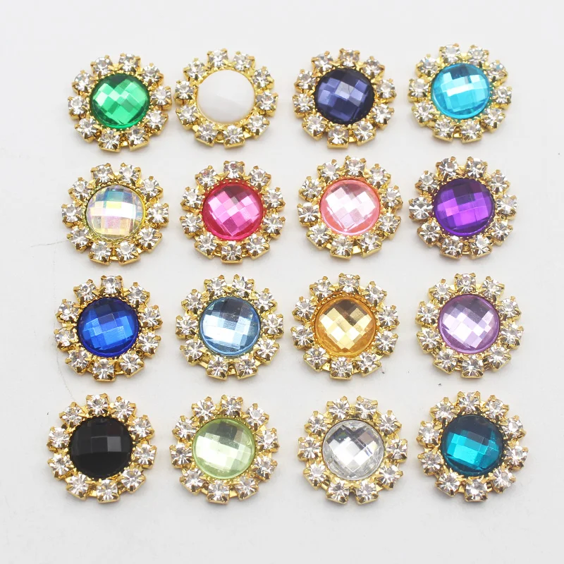 Exquisite Metal Round Acrylic Flat Bottom Rhinestone Buttons 10 Pieces/Batch 14MM DIY Dress Wedding Decoration Accessories