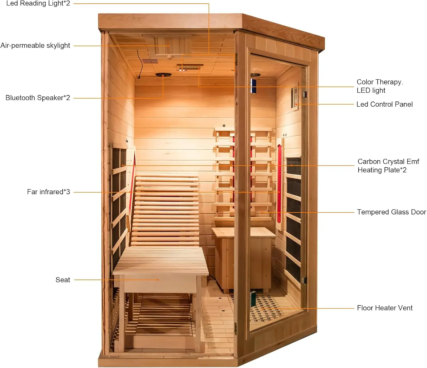 Far Infrared Wood Sauna 1 Person Home Canadian Hemlock Indoor Sauna 2300W Spa Room with Recliner Door to the left