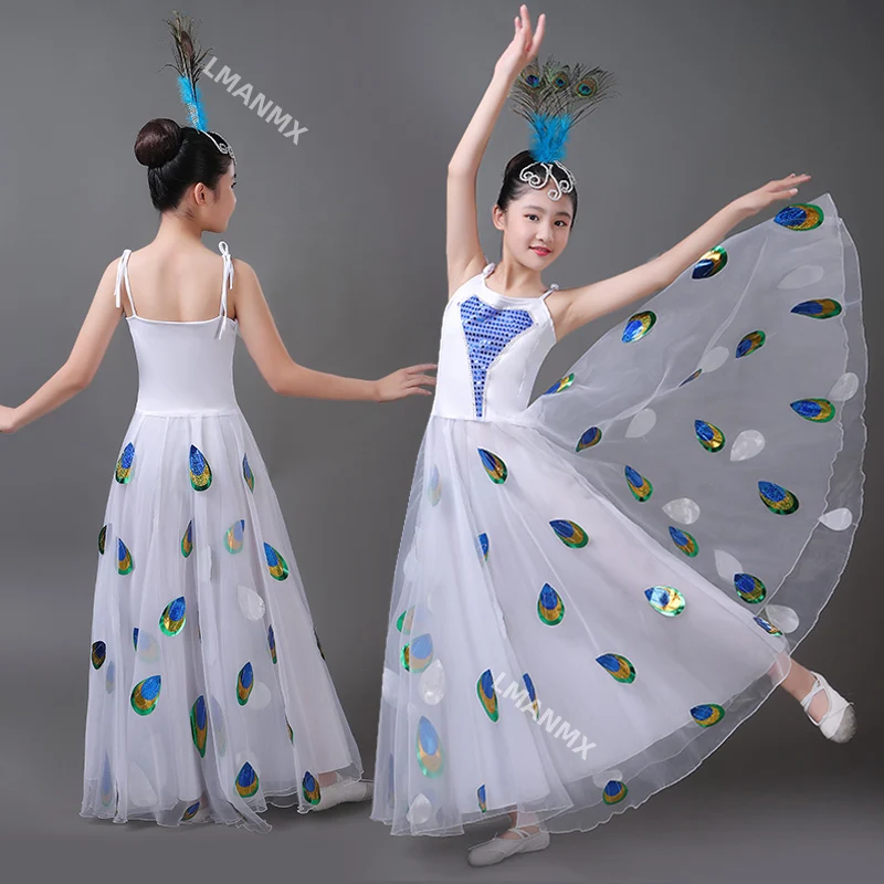 Nuevo traje de danza étnica, disfraz étnico Dai, disfraz de actuación de falda grande para baile de pavo real y espíritu de gorrión para niños