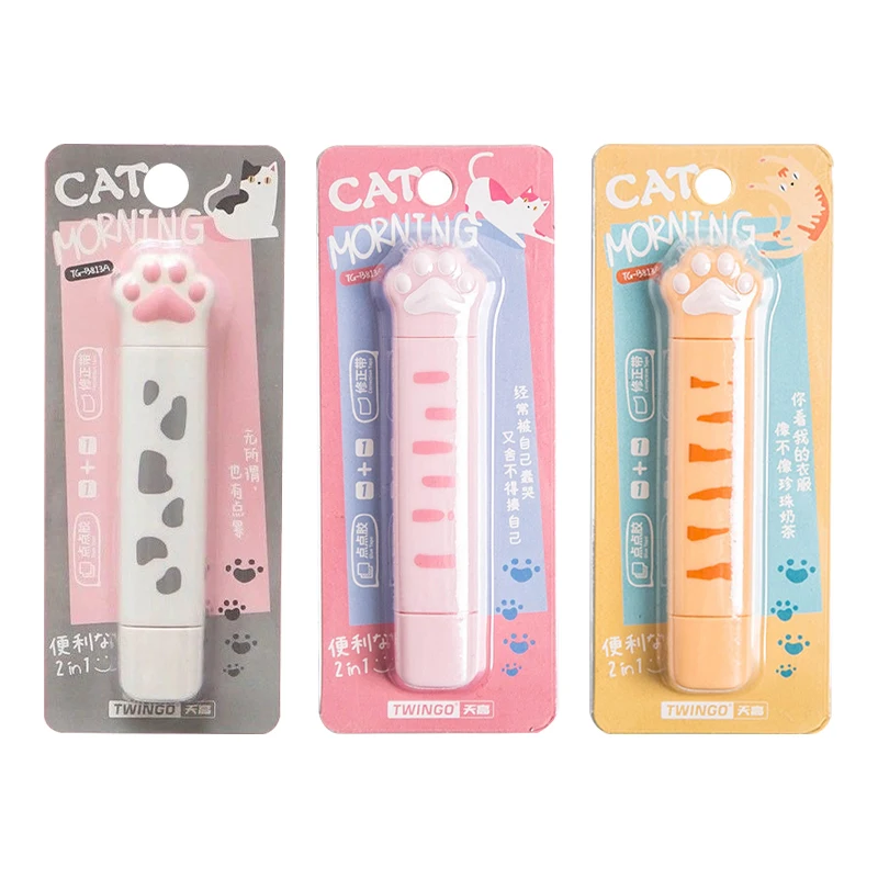 

2 in 1 Cute Cat's Paw Portable Correction Tape Glue Creative Double Head Painting with Adhesive Tape School Office Stationery