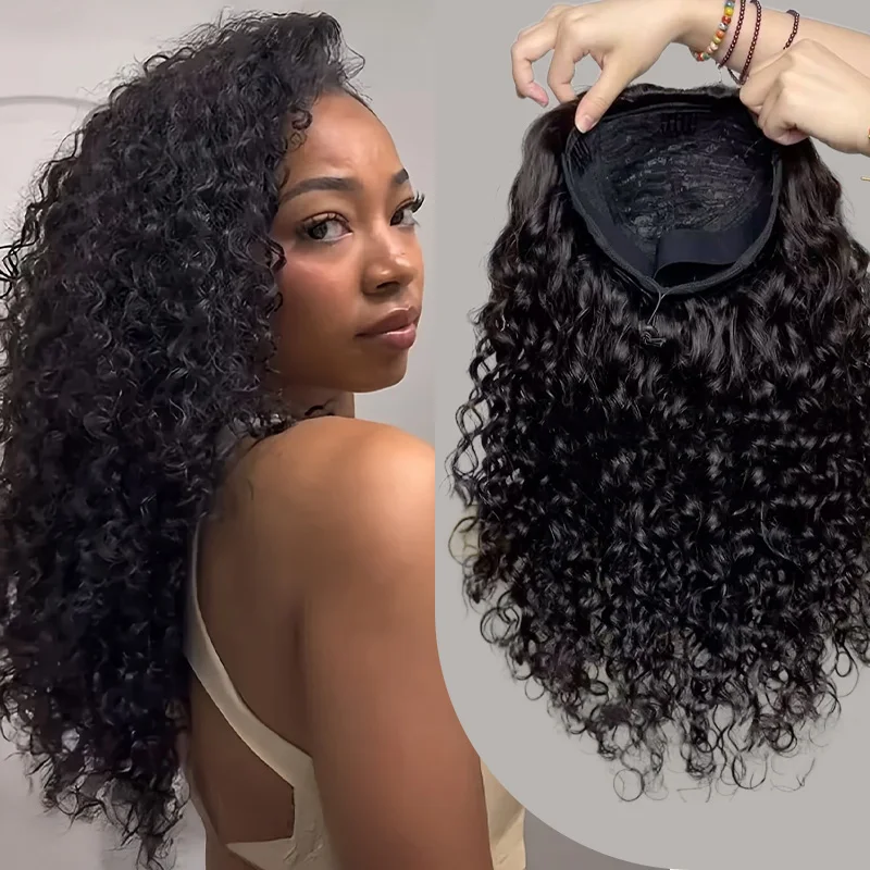 

Water Wave Wigs Wear And Go 3 IN 1 Half Wigs Human Hair 200% Density Machine Made Clip-in Wigs With Drawstring wigs