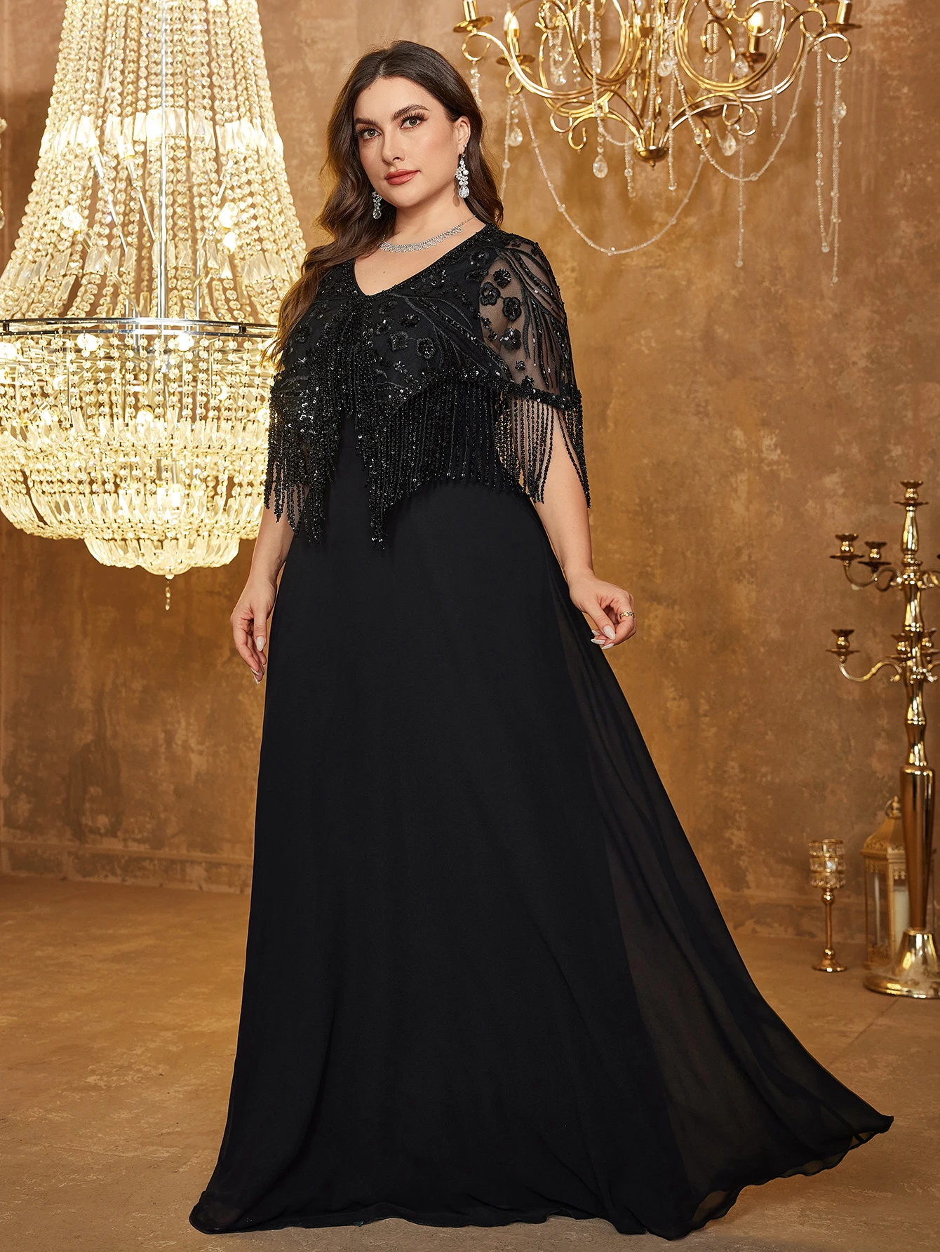 UNITHORSE Plus المرأة الخامس الرقبة صنعة عالية الترتر المرقعة الشيفون شرابة كم سليم المناسب مزاجه ماكسي مساء