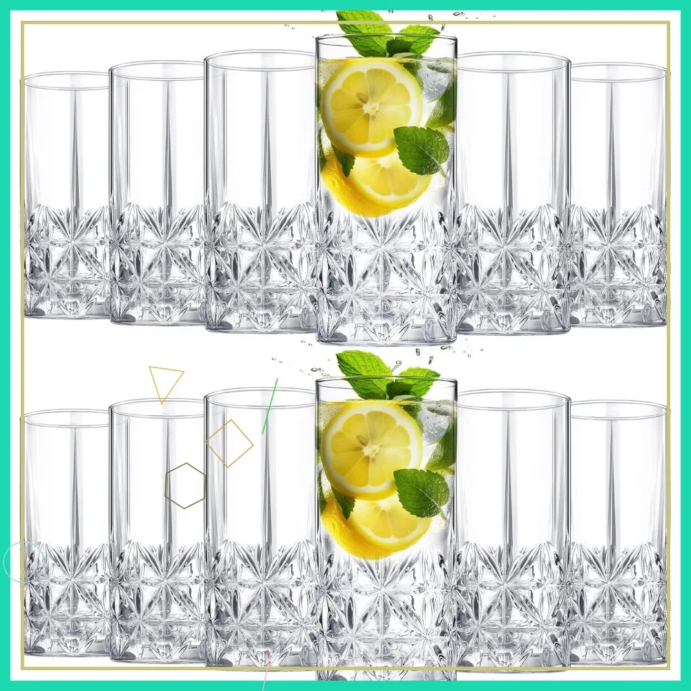 

Set of 12 Tall Highball Glasses, 12 oz Crystal Clear Vintage Textured Designer Cups for Cocktails, Tea, Beer, Dishwasher Safe