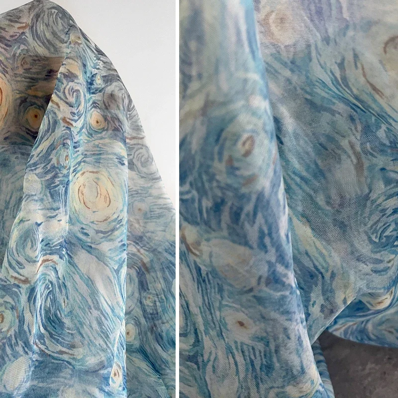 Blue Van Gogh Starry Sky Midnight Light Skin Sisi Printed Linen High End Dress Designer Fabric