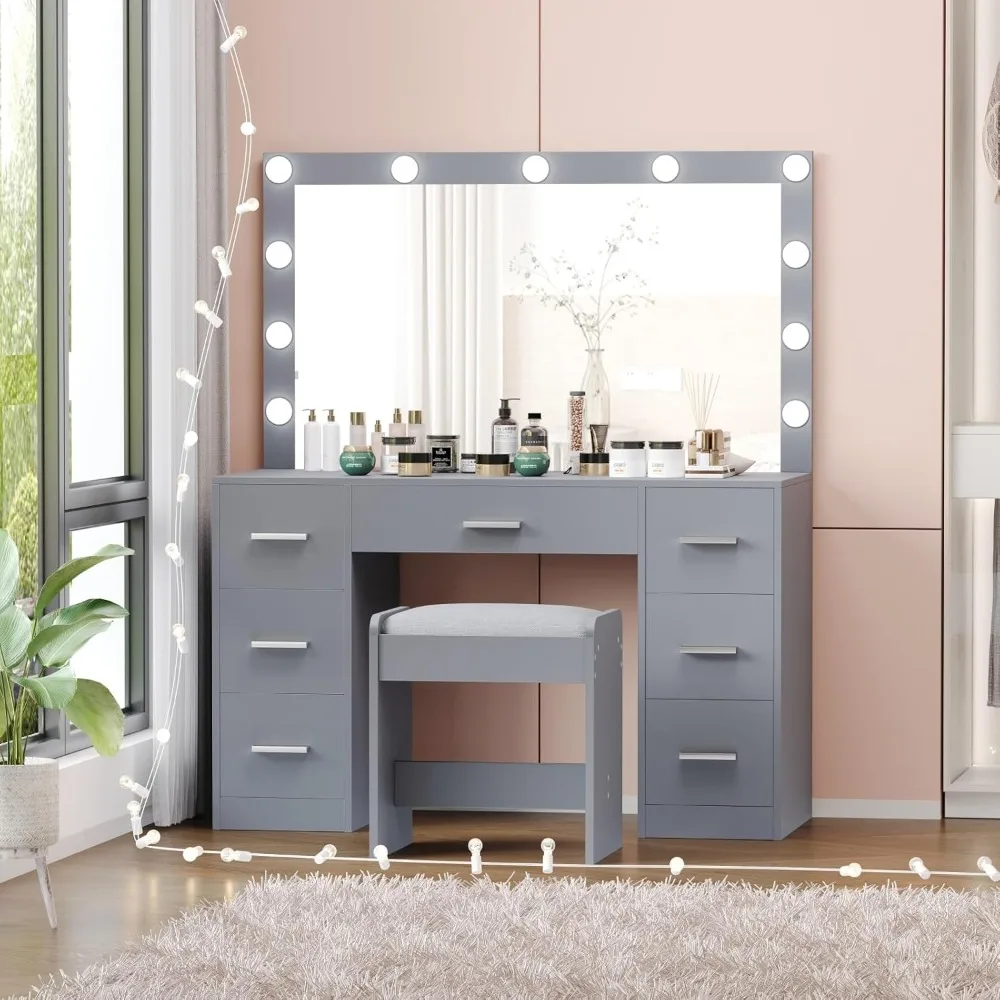 Escritorio de tocador con taburete, mesa de maquillaje con espejo iluminado, 3 modos de iluminación de colores, brillo ajustable, tocador con cajones