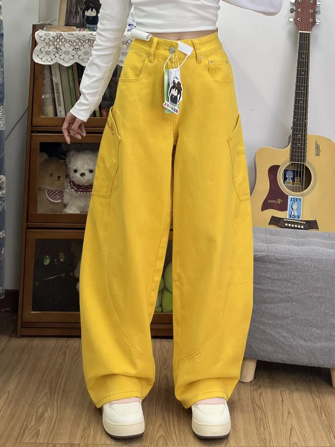 Gele jeans met wijde pijpen voor kinderen, losse en luie stijl broek met rechte pijpen, zakken en vloerlengte broek