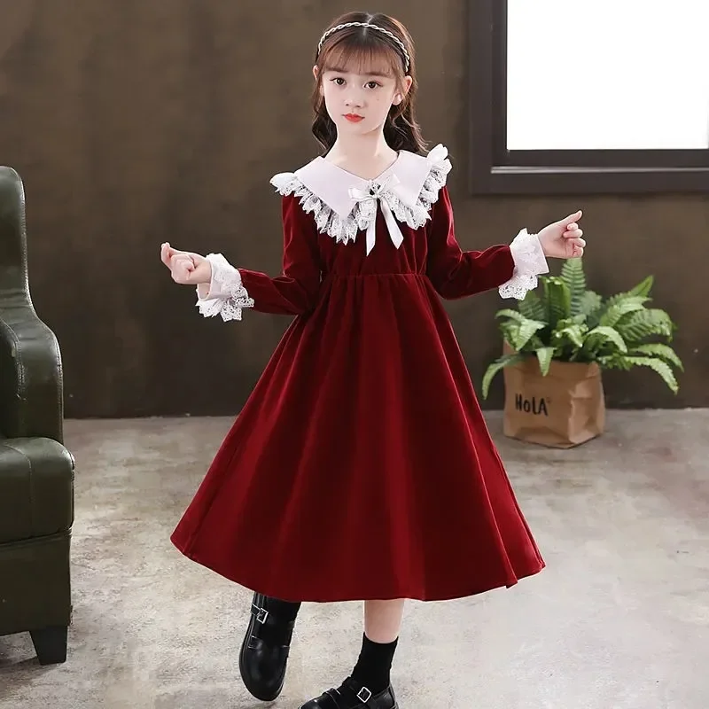 

2023 teenager Children Clothes winter Autumn Girls Dress Kids Long Sleeves wine red lace cuffs princess pearl 4 8 9 10 6 12 year