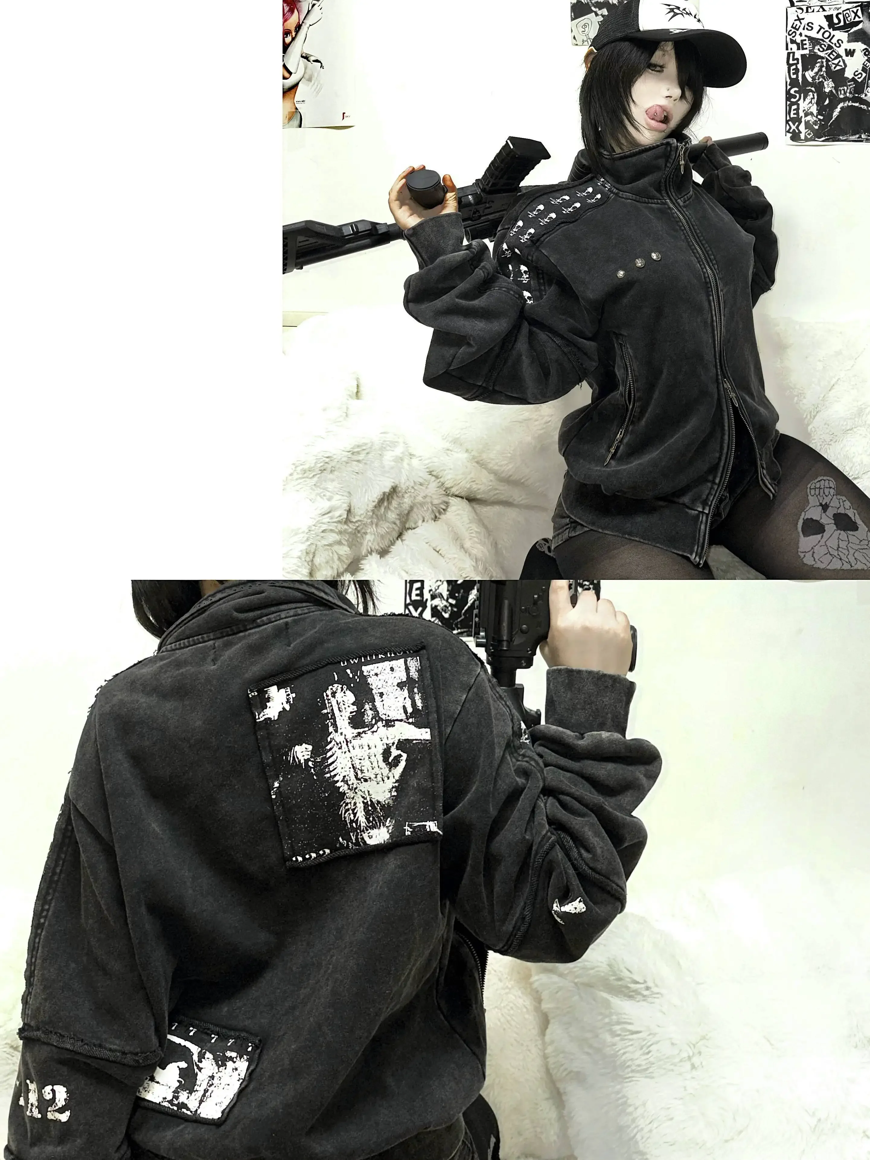 Men's Punk Heavy Washed Vintage Printed Patchwork Subculture Silhouette Sweatshirt