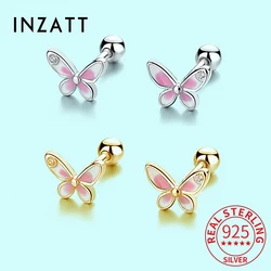 INZATT Real 925 Sterling Silver Zircon Butterfly Screw Bead Stud Earrings For Women Cute Fine Jewelry Minimalist Accessories