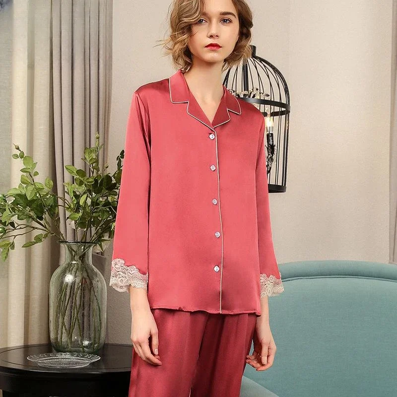 레드 100% 뽕나무 실크 여성 잠옷 잠옷 세트 디자이너 버튼 긴 Pijama 나이트 슈트 순수 실크 레이스 트림 2pcs 잠옷 세트