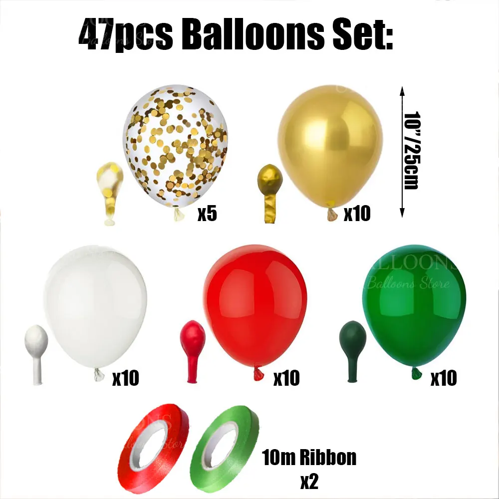45pcs Green Red Gold Balloons Set 10 Inch Metallic Gold Confetti Latex Balloons for Christmas Birthday New Year Xmas Party Decor