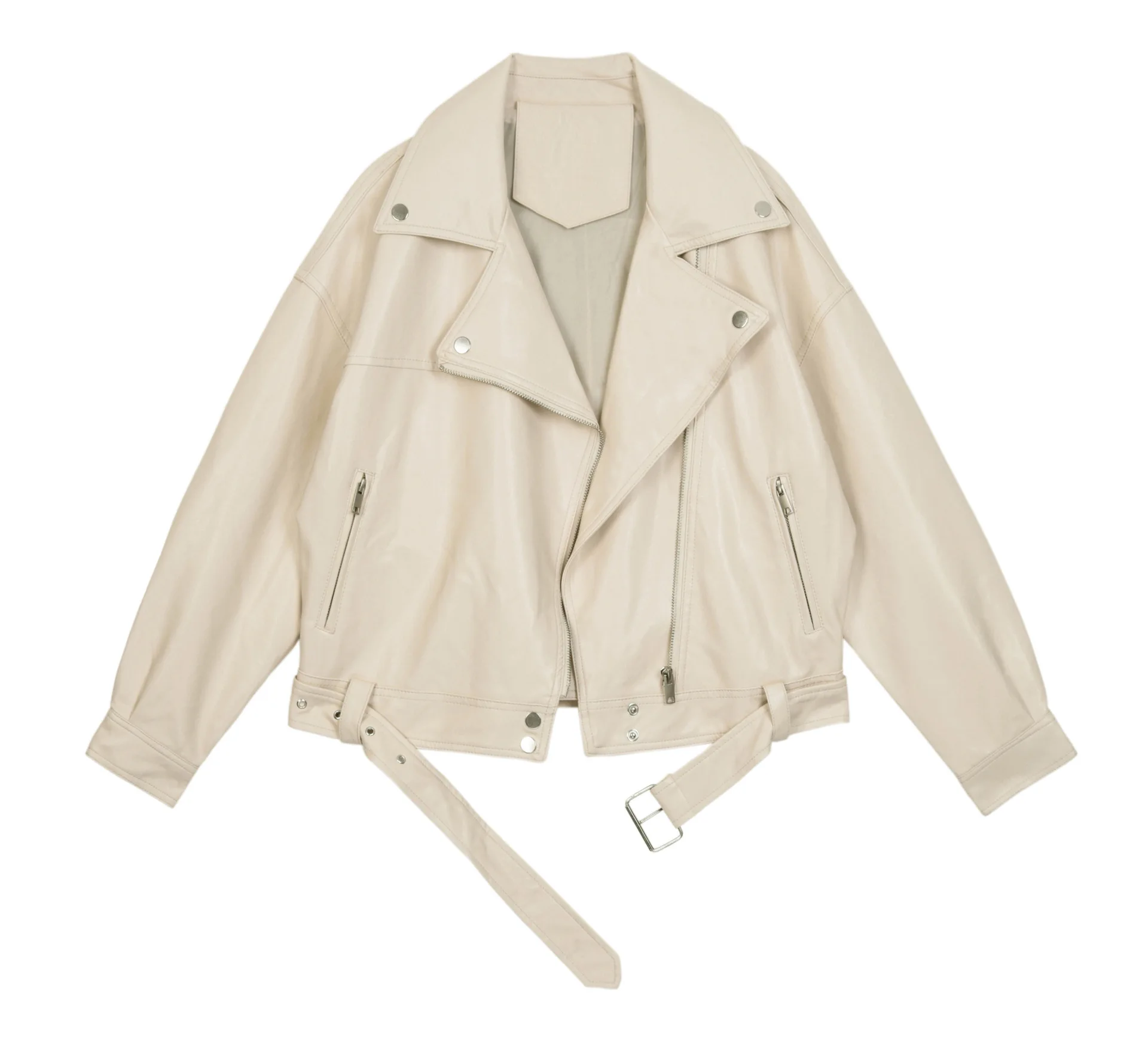 ジッパーカーディガンフェイクレザー女性ジャケット長袖ターンダウン襟 P U レザースプライスポケット固体秋モトバイク